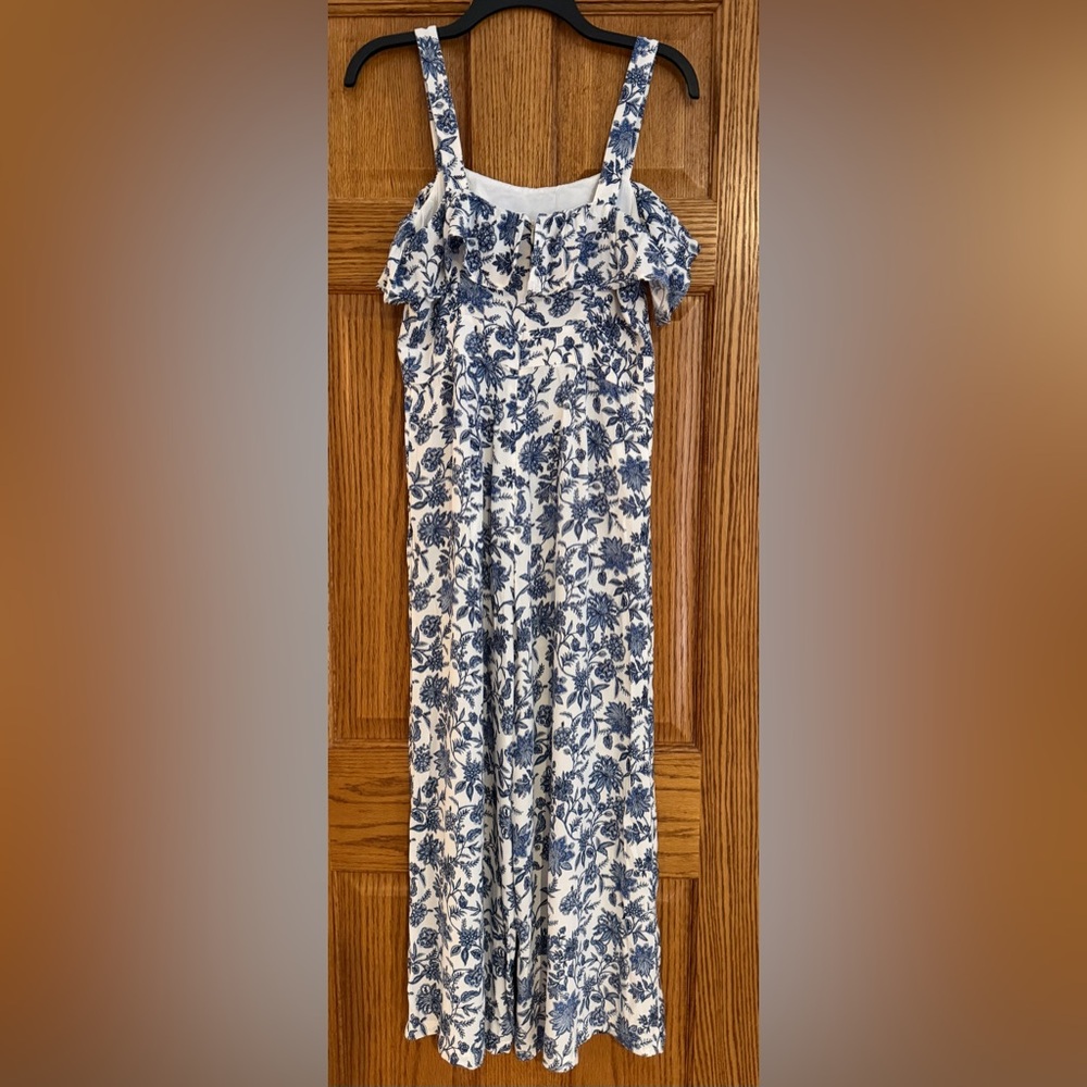 LOFT SLEEVELESS RUFFLE FRONT BLUE & WHITE TRELIS FLORAL JUMPSUIT SIZE 0 - Picture 4 of 12
